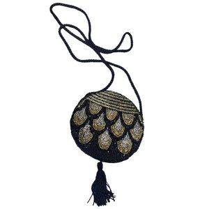 Vintage 90s Black Gold Silver Beaded Tassel Round Mini Purse